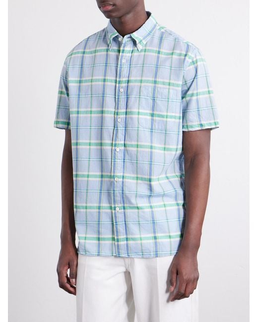 Beams Plus Blue Madras Button-Down Collar Checked Cotton Shirt for men