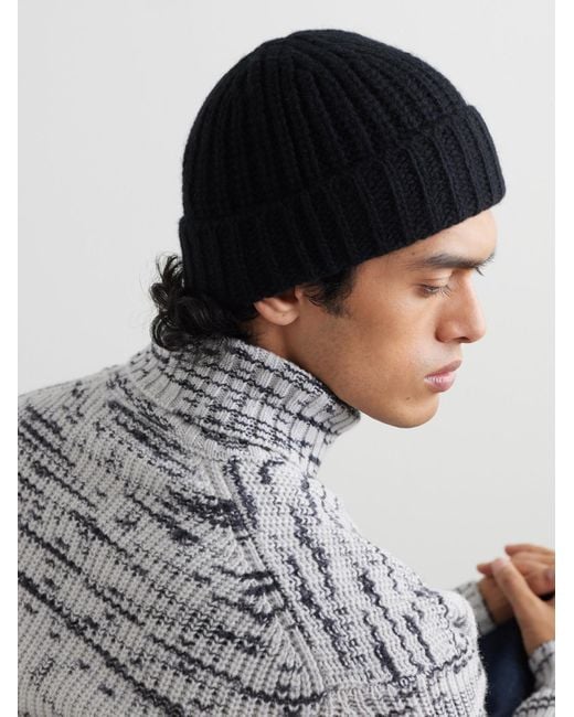 Johnstons Black Ribbed Cashmere Beanie for men