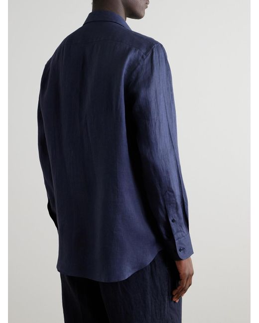 Etro Blue Slim-Fit Logo-Embroidered Linen Shirt for men