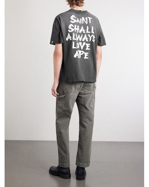 SAINT Mxxxxxx Gray Bape Distressed Printed Cotton-Jersey T-Shirt for men