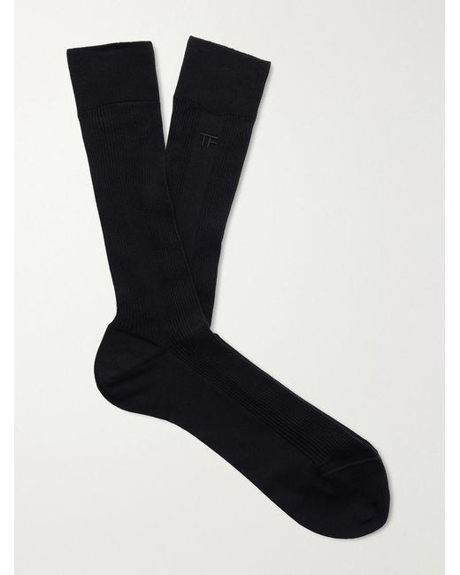 Tom Ford Black Logo-Embroidered Ribbed Cotton Socks for men