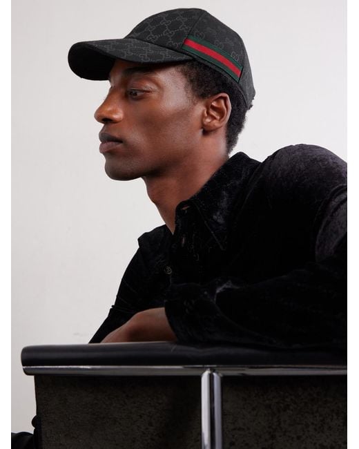 Gucci Black Webbing-Trimmed Logo-Jacquard Canvas Cap for men