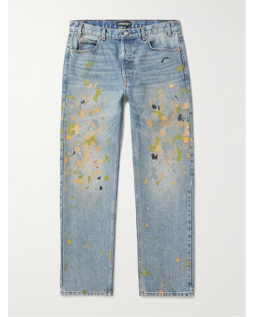 CHERRY LA Blue Paint-splattered Straight-leg Jeans for men