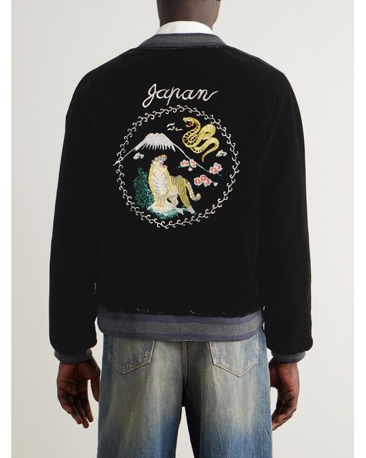 Blue Blue Japan Blue Tora Ni Fuji Reversible Embroidered Velvet And Satin Bomber Jacket for men