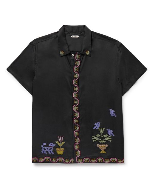Bode Black Garden Sampler Bead-embellished Silk-twill Shirt for men