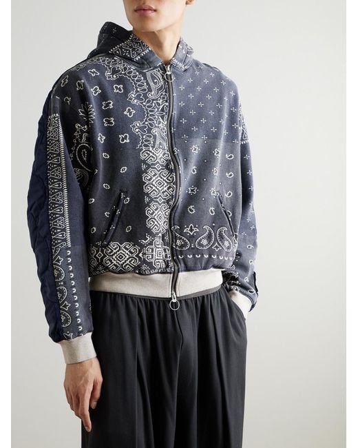 Kapital Blue Panelled Bandana-Print Cotton-Jersey And Quilted Shell Hoodie for men