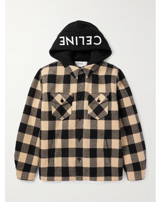 Celine Logo-Print Cotton Jersey-Trimmed Padded Checked Wool Hooded