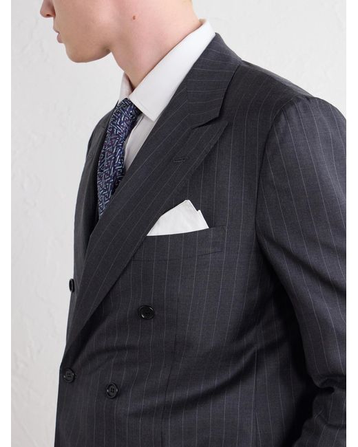 Kiton Blue Double-Breasted Pinstriped Wool Suit Jacket for men
