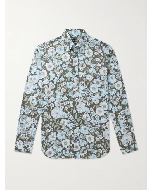 Tom Ford Blue Button-down Collar Floral-print Lyocell Shirt for men