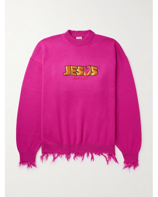 Pullover in lana merino effetto consumato Jesus Loves You di Vetements in Pink da Uomo