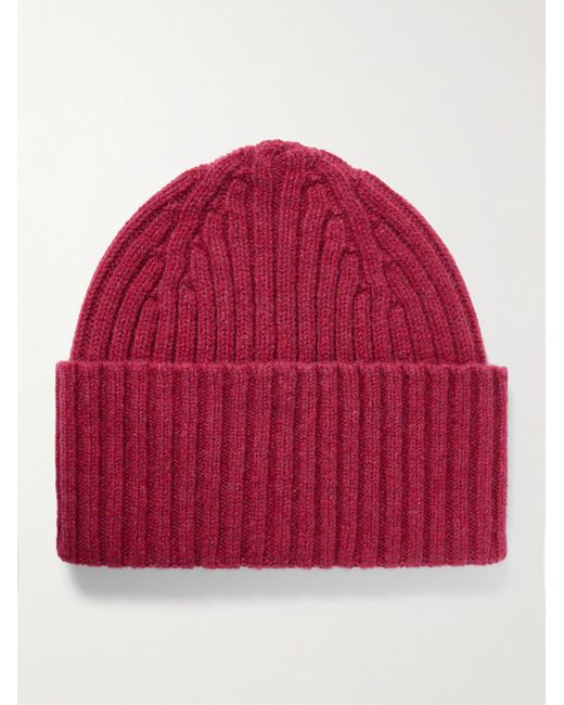 Him Ribbed Wool Beanie di Drake's in Red da Uomo