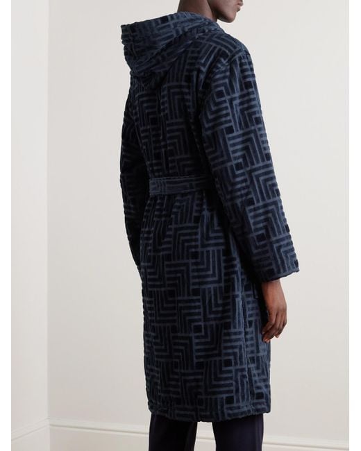 NN07 Blue 3450 Belted Cotton-jacquard Hooded Robe for men