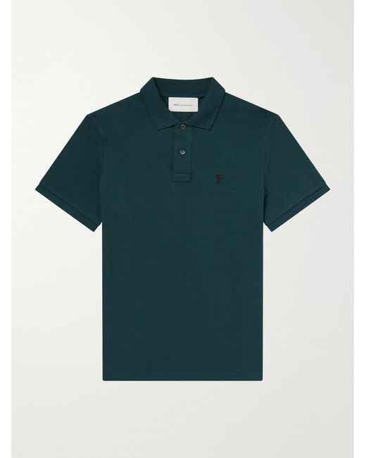 AMI Green Logo-Embroidered Cotton-Piqué Polo Shirt for men