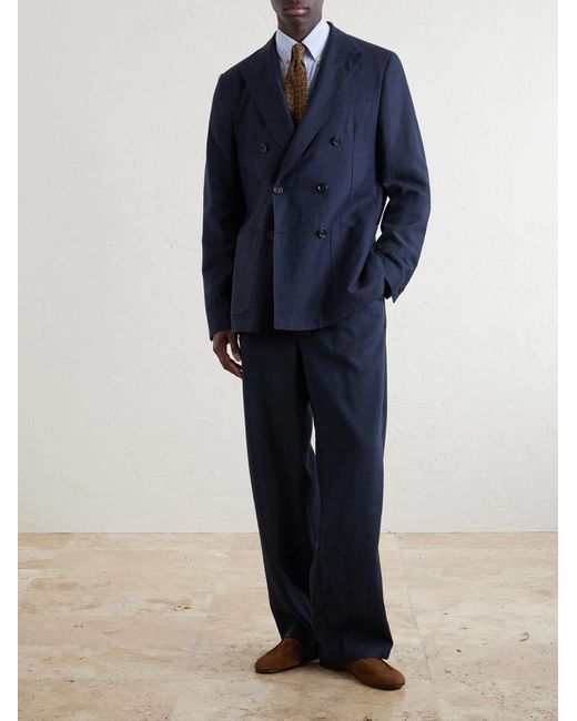 Oliver Spencer Blue Double-Breasted Linen, Virgin Wool And Cotton-Blend Suit Jacket for men