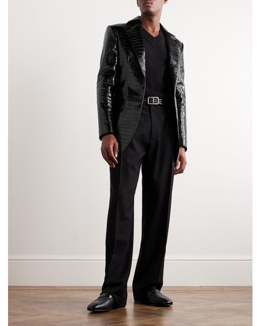 Tom Ford Black Slim-fit Croc-effect Leather Blazer for men