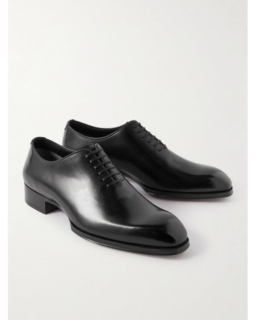 Tom Ford Black Elkan Whole-Cut Glossed-Leather Oxford Shoes for men