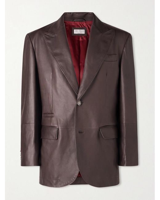 Brunello Cucinelli Brown Full-Grain Leather Blazer for men