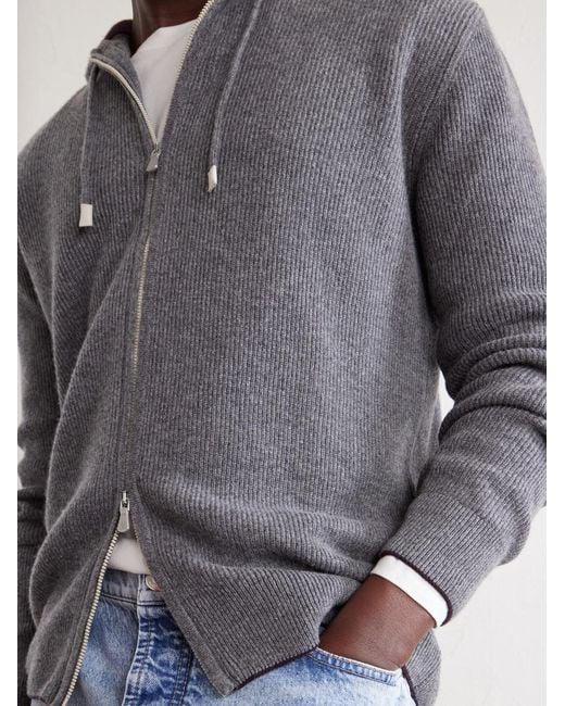 Eleventy Gray Ribbed Cashmere Zip-Up Hoodie for men