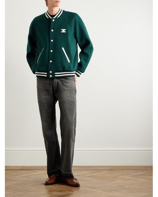 Céline Green Teddy Triomphe Leather-Trimmed Wool-Blend Varsity Jacket for men