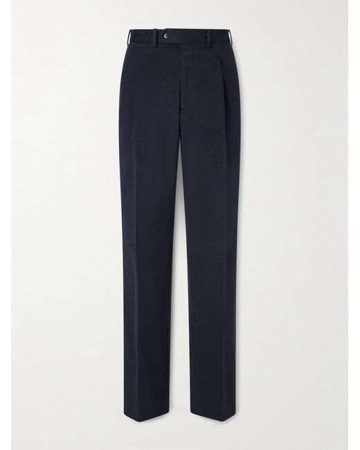 Saman Amel Blue Straight-leg Pleated Peached Cotton-blend Trousers for men