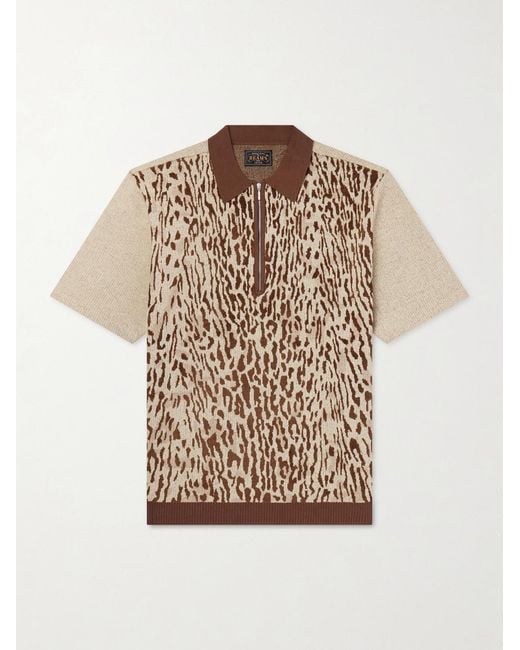 Beams Plus Natural Leopard-Jacquard Cotton-Blend Half-Zip Polo Shirt for men