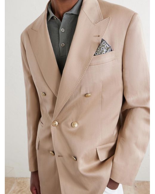 Brunello Cucinelli Natural Double-Breasted Silk And Linen-Blend Twill Blazer for men