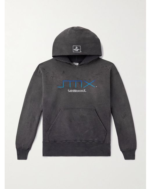 SAINT Mxxxxxx Gray Smx6 Distressed Logo-Print Cotton-Jersey Hoodie for men