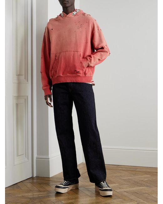 Kapital Red Embellished Suede-Trimmed Distressed Cotton-Jersey Hoodie for men