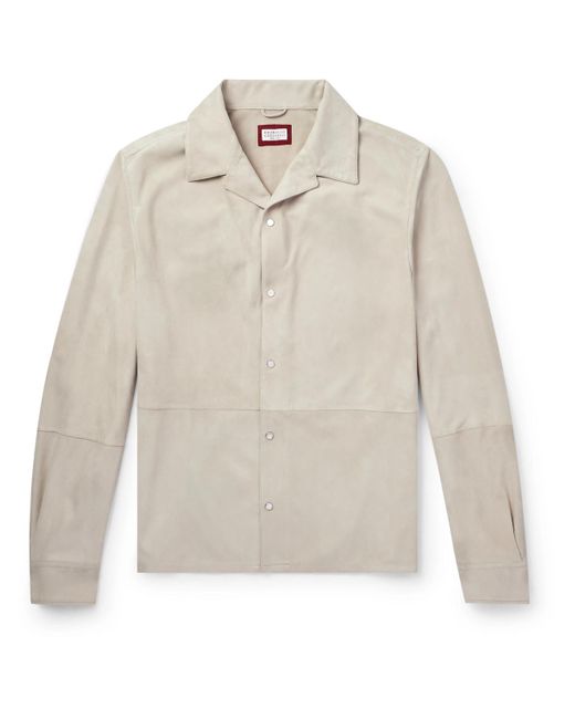 Brunello Cucinelli White Camp-collar Suede Shirt for men
