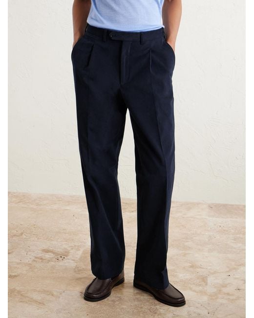 Saman Amel Blue Straight-leg Pleated Peached Cotton-blend Trousers for men