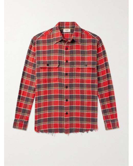Céline Red Frayed Checked Cotton-Flannel Shirt for men