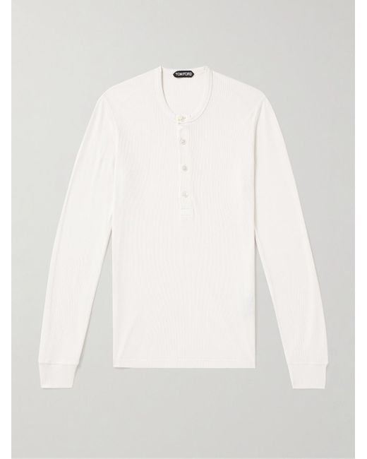 Tom Ford White Slim-fit Ribbed Stretch Lyocell And Cotton-blend Henley T-shirt for men