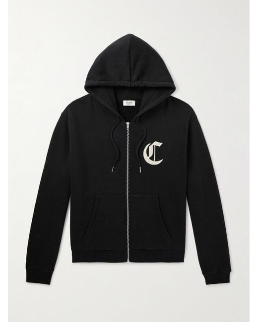 Céline Black Logo-Embroidered Cotton-Jersey Zip-Up Hoodie for men