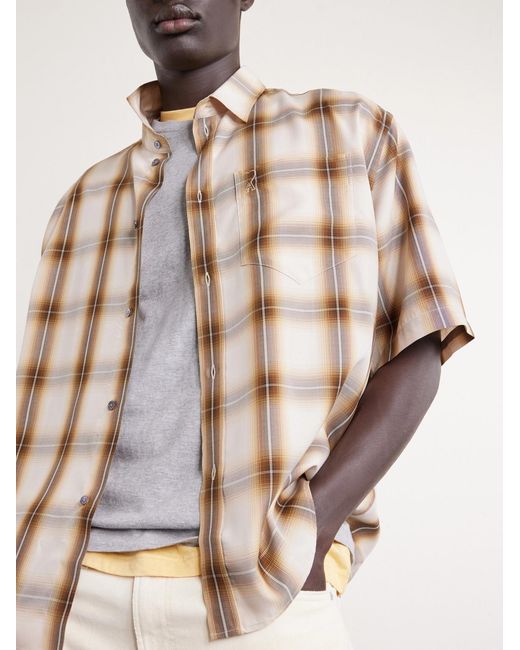AMI Natural Logo-Embroidered Checked Lyocell Shirt for men