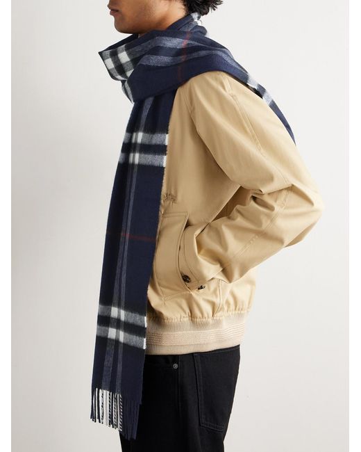 Burberry Blue Fringed Checked Cashmere Scarf for men