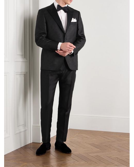 Canali Black Slim-Fit Satin-Trimmed Slubbed Wool And Silk-Blend Tuxedo Jacket for men