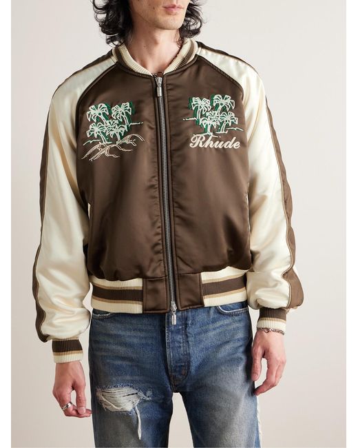 Rhude Brown Logo-Embroidered Colour-Block Satin Bomber Jacket for men
