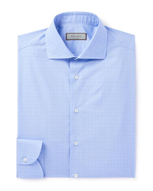 Canali Blue Cutaway-collar Checked Cotton-poplin Shirt for men