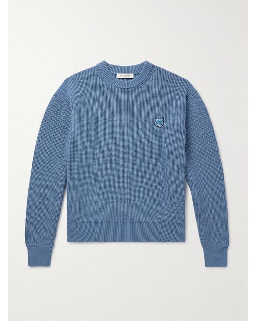 Maison Kitsuné Pullover aus einer Baumwollmischung in Rippstrick mit Logoapplikation in Blue für Herren