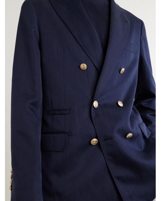 Brunello Cucinelli Blue Double-breasted Silk And Linen-blend Blazer for men