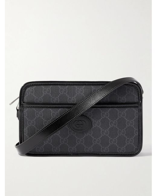 Gucci Black Leather-trimmed Monogrammed Coated-canvas Messenger Bag for men