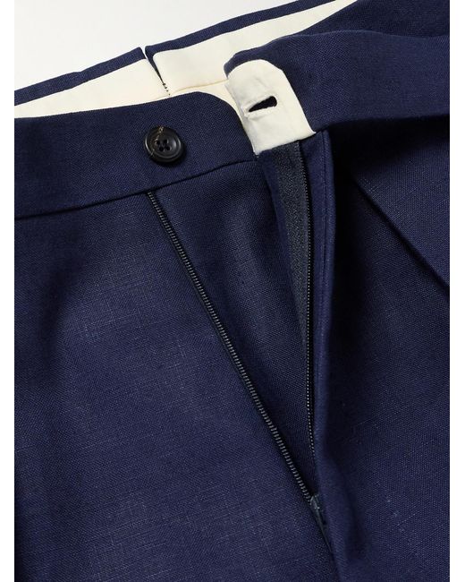 Drake's Blue Straight-Leg Pleated Linen Suit Trousers for men