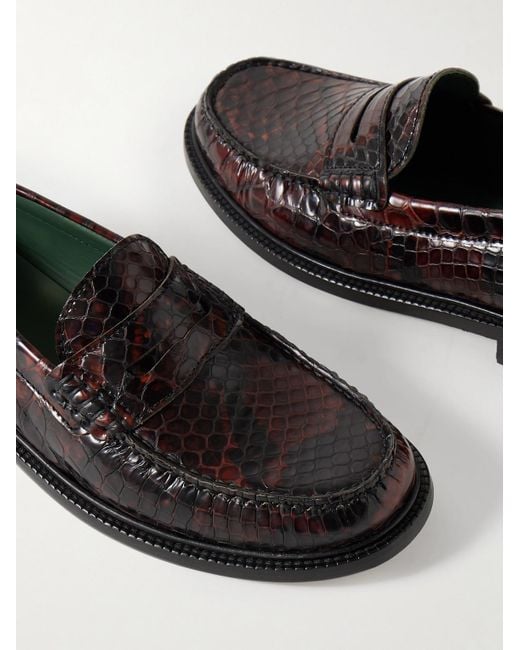 VINNY'S Brown Yardee Python-Effect Leather Penny Loafers for men