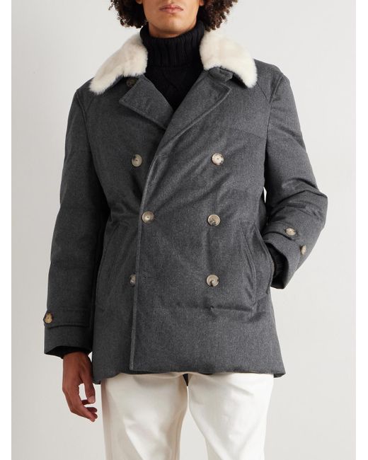 Brunello Cucinelli Black Double-breasted Shearling-trimmed Quilted Wool Down Jacket for men