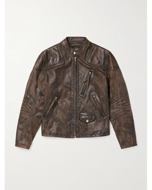 RRL Watts Slim-Fit Distressed Leather Biker Jacket in Brown for
