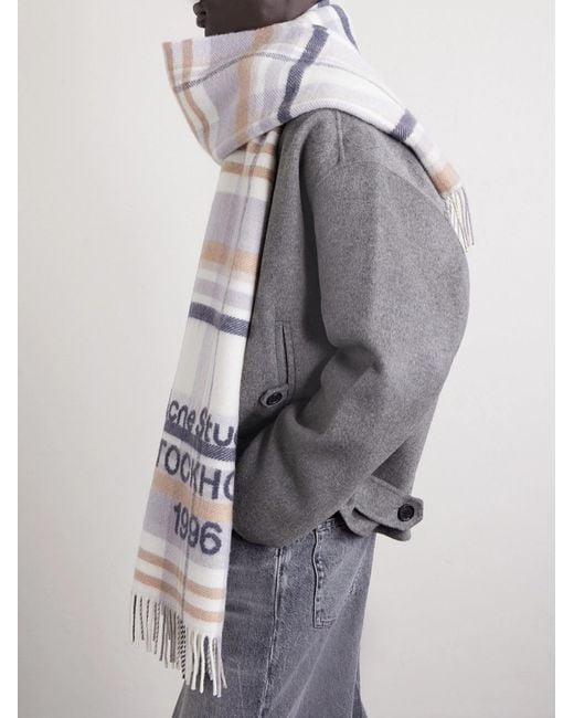 Acne Gray 1996 Fringed Checked Wool Scarf for men