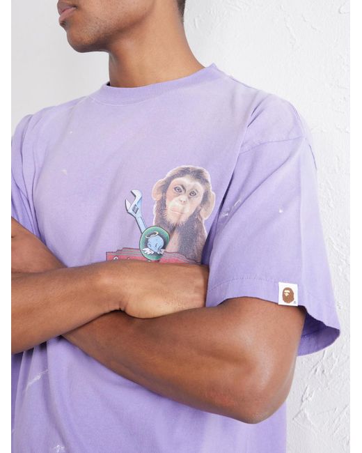 SAINT Mxxxxxx Purple Bape House Paint-Splattered Printed Cotton-Jersey T-Shirt for men