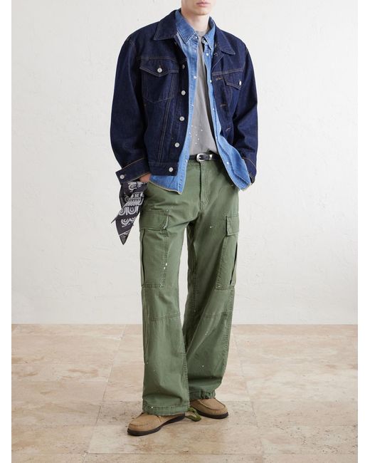 CHERRY LA Green Wide-Leg Paint-Splattered Cotton-Ripstop Cargo Trousers for men