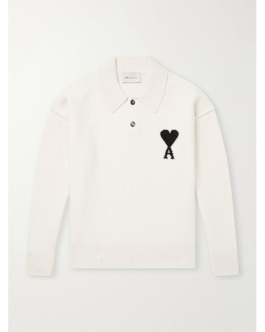 AMI Natural Logo-Intarsia Wool Polo Sweater for men