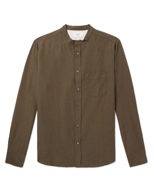 Mr P. Green Grandad-collar Organic Cotton And Linen-blend Seersucker Shirt for men